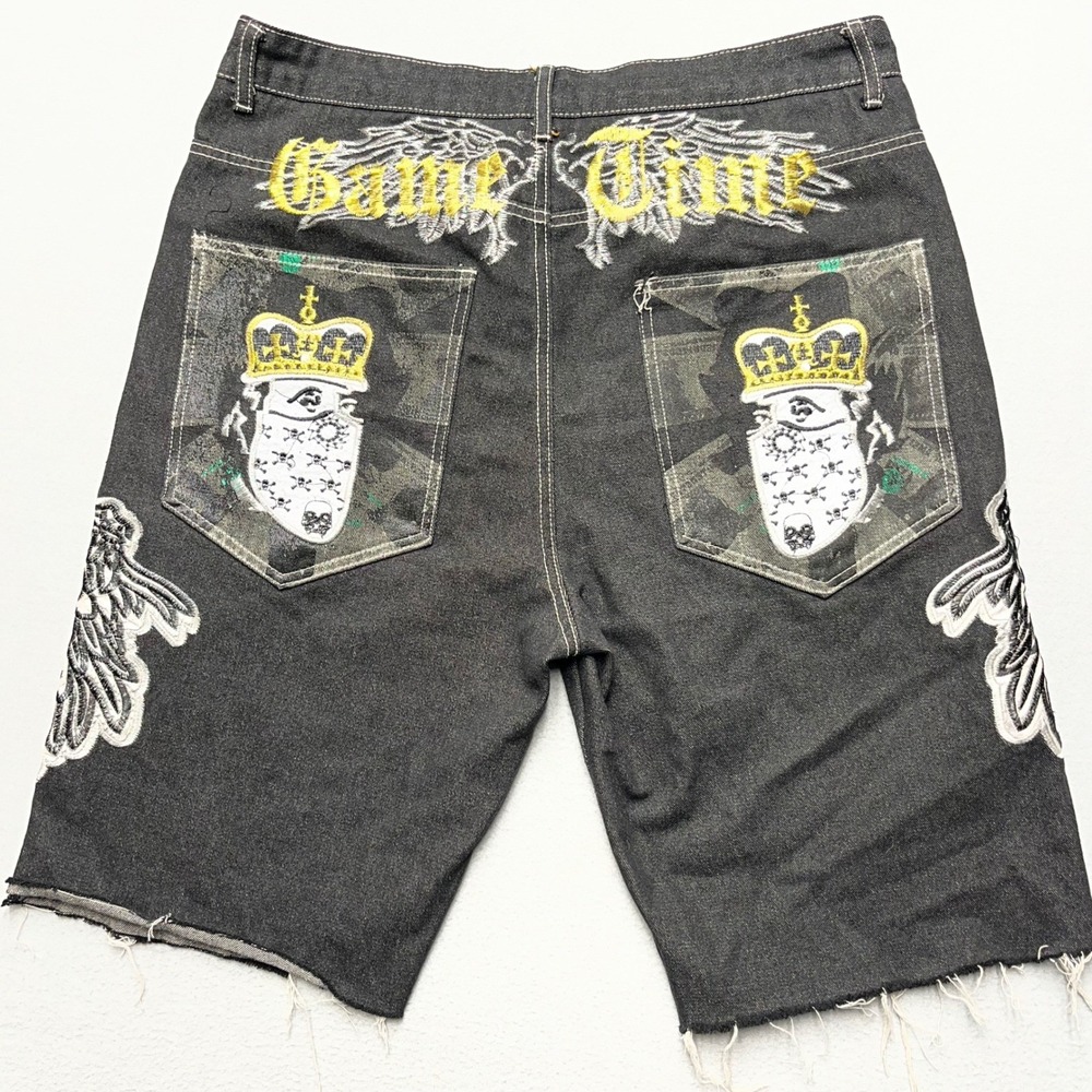 Y2K Game Time Embroidered Denim Short Wing Crown Bandana Baggy Jorts L 38(34/35)